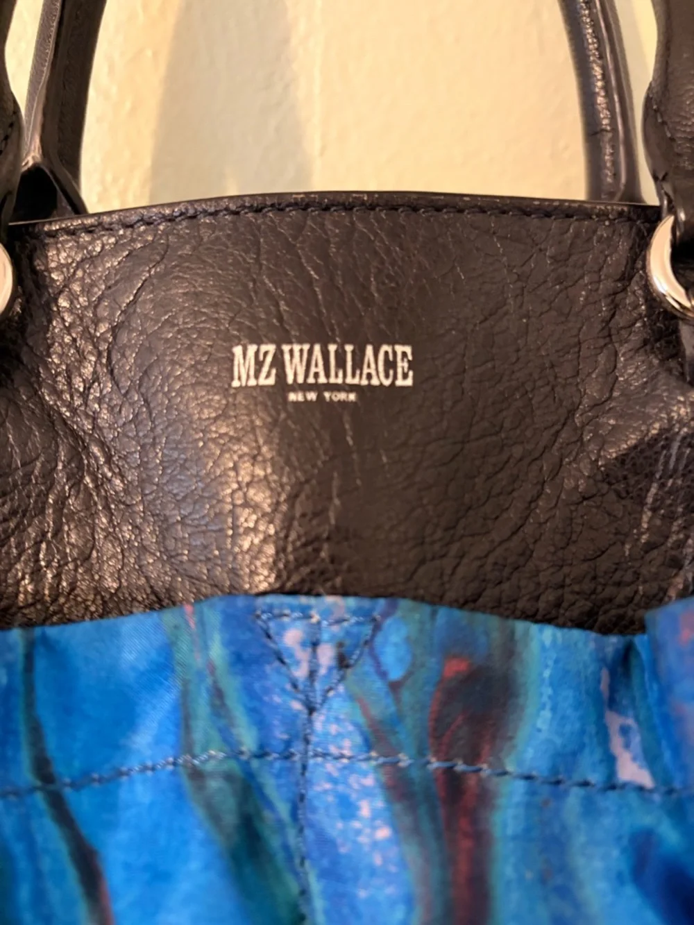 MZ Wallace Blue Multicolor Abstract Tote with Navy Blue Leather Trim - Picture 3 of 8